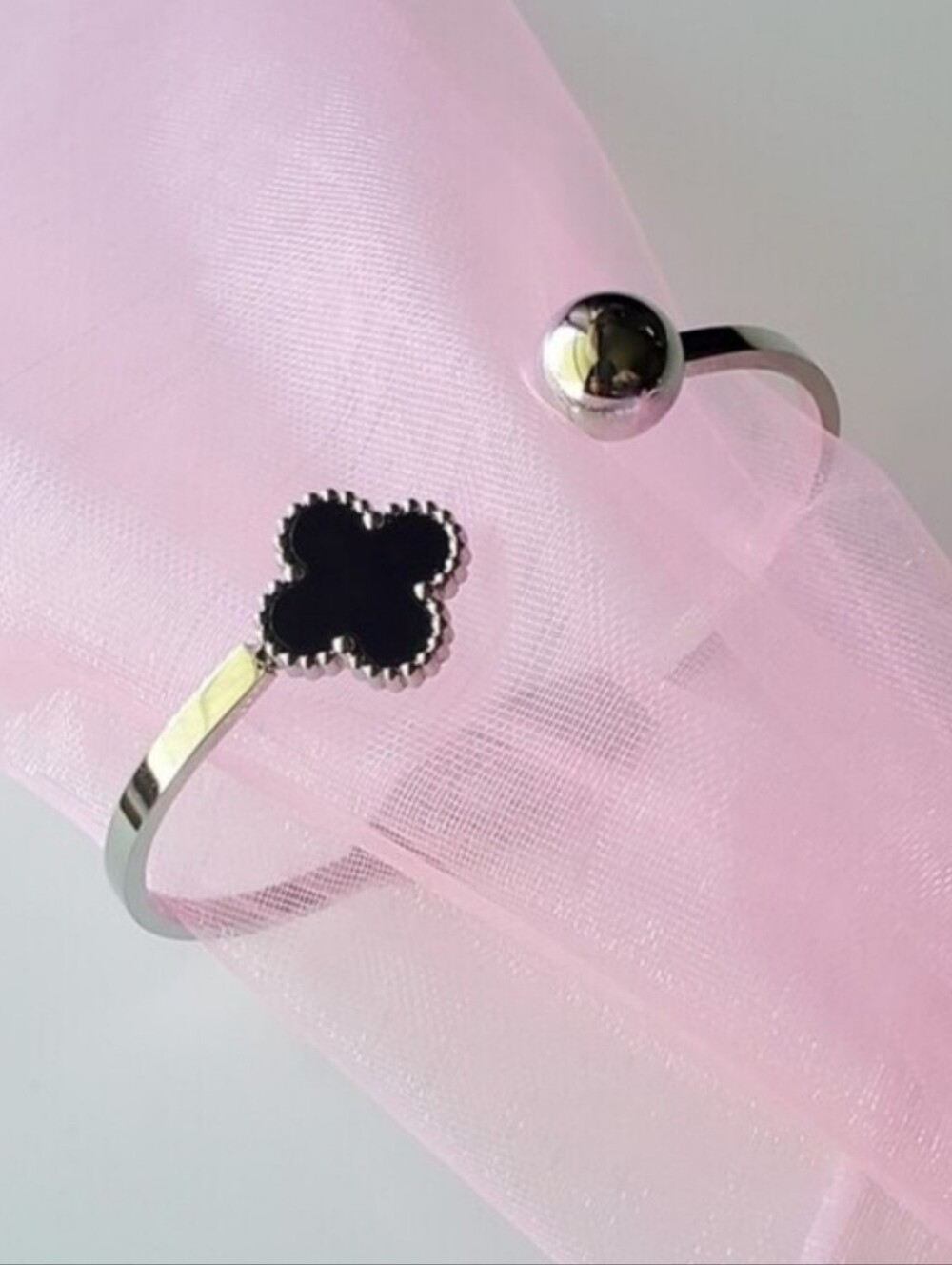 Stainless Steel Open Cuff Black Clover Bracelet